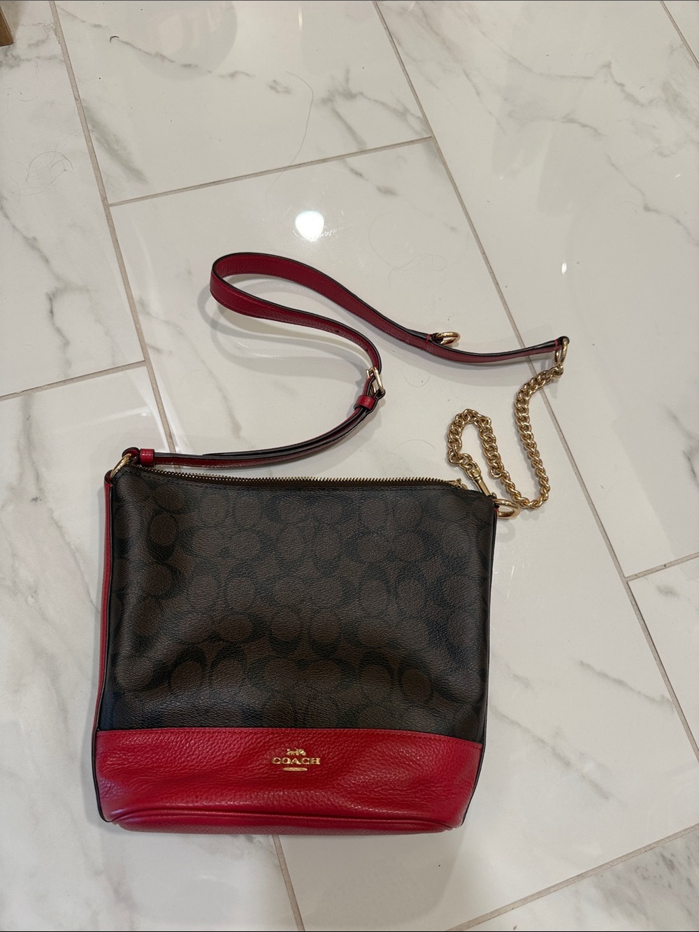 Coach Brown Signature Crossbody with Red Trim and Gold Chain